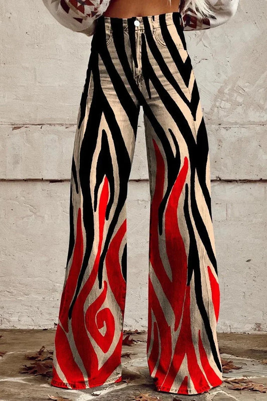 Women's Wild Zebra Flame Print Casual Wide Leg Pants