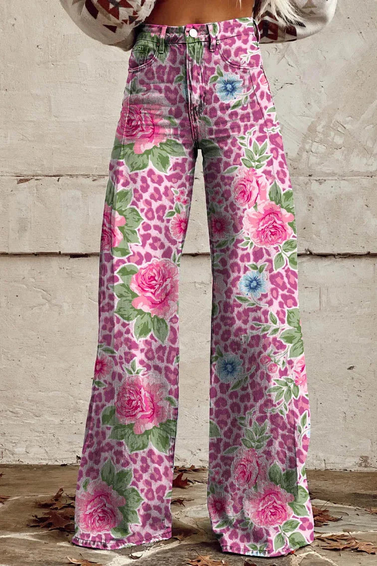 Women's Wild Rose Print Casual Wide Leg Pants