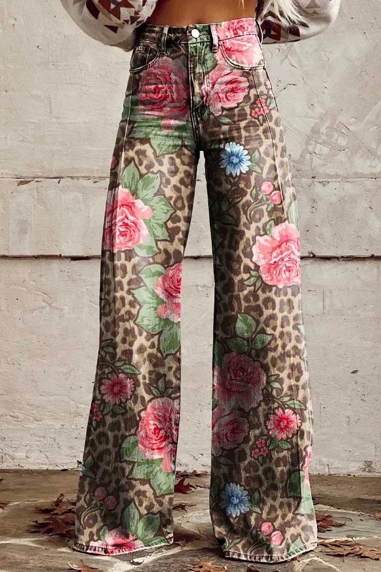 Women's Wild Rose Print Casual Wide Leg Pants