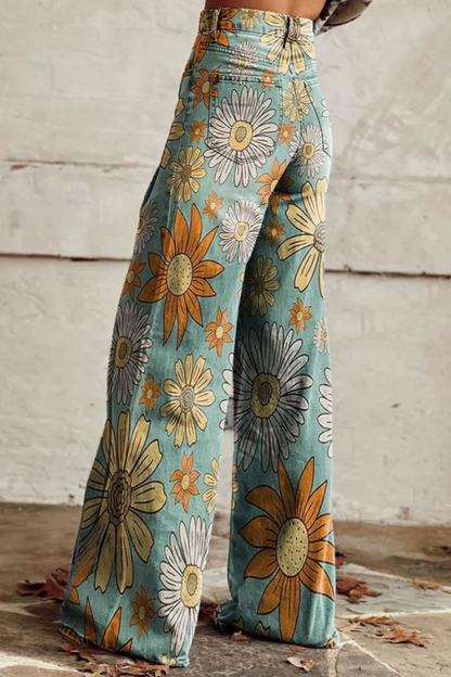 Women's Daisy Floral Print Casual Wide Leg Pants