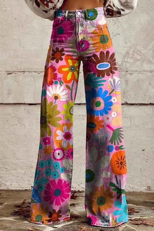 Women's Cartoon Flower Print Casual Wide Leg Pants