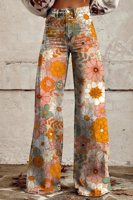 Women's Sunset Blooms Print Casual Wide Leg Pants