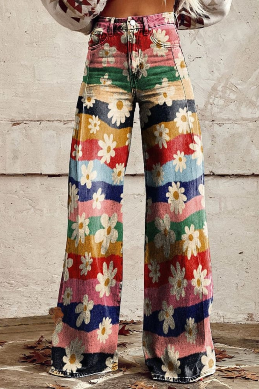 Women's Daisy Waves Print Casual Wide Leg Pants