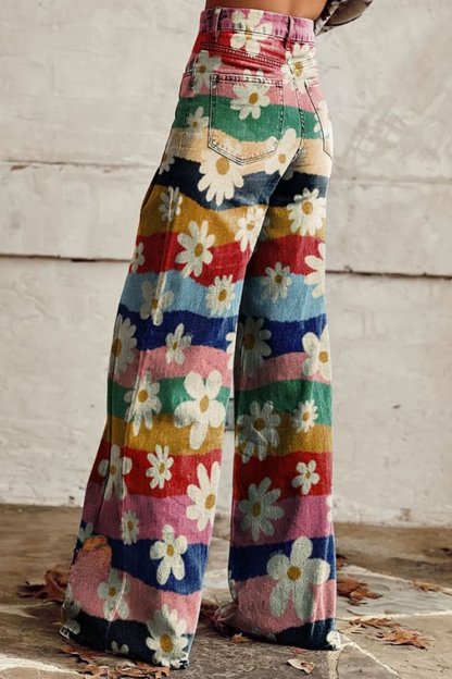 Women's Daisy Waves Print Casual Wide Leg Pants