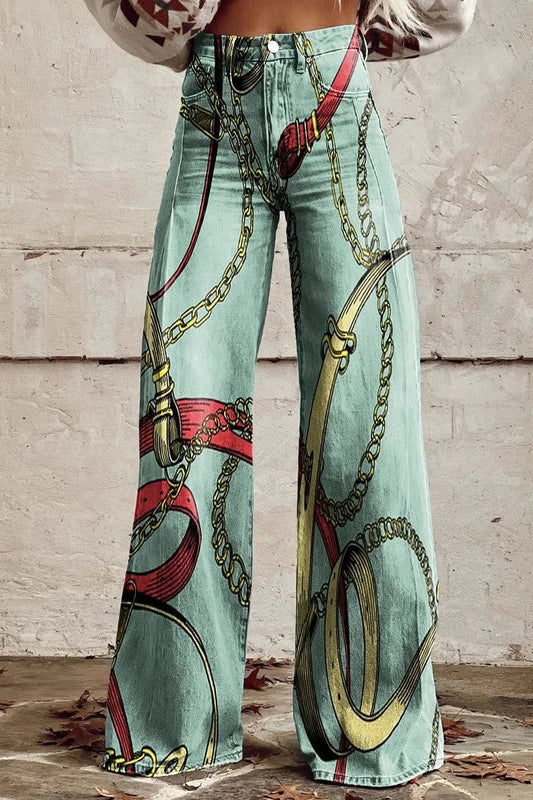 Women's Chain Link Print Casual Wide Leg Pants