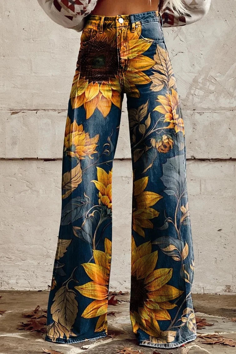 Women's Golden Sunflower Print Casual Wide Leg Pants