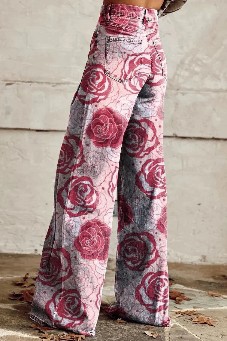 Women's Rose Allure Print Casual Wide Leg Pants