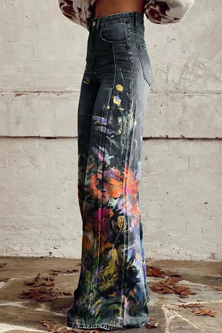 Women's Blossom Art Print Casual Wide Leg Pants