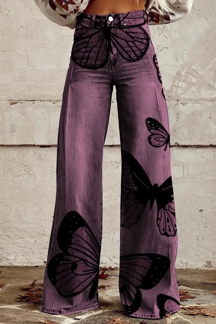 Women's Butterfly Print Casual Wide Leg Pants