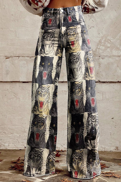 Women's Fierce Feline Print Casual Wide Leg Pants