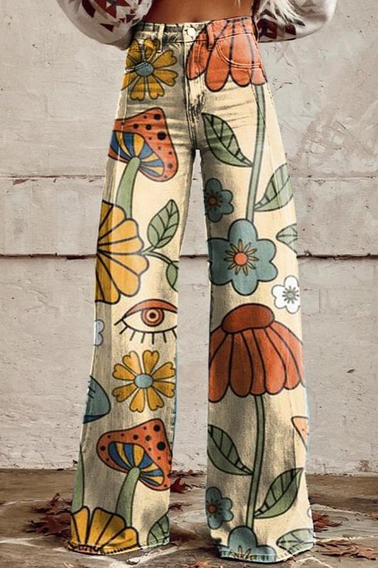 Women's Retro Bloom Print Casual Wide Leg Pants