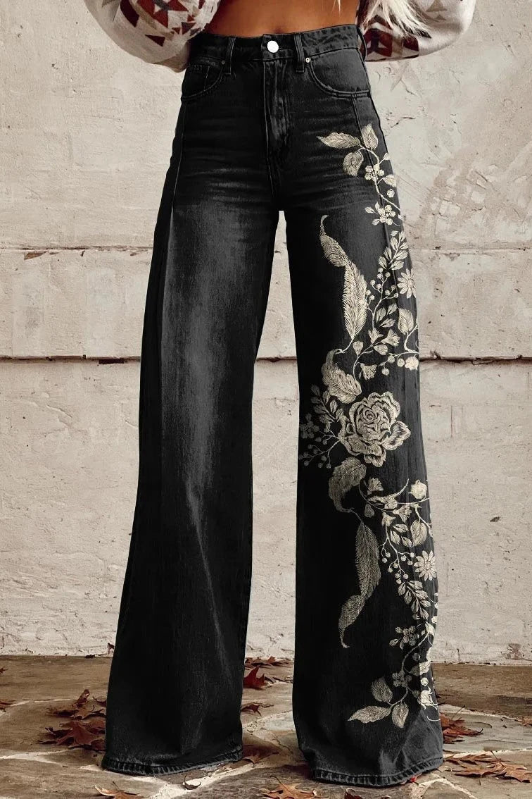 Women's Midnight Rose Print Casual Wide Leg Pants - Black