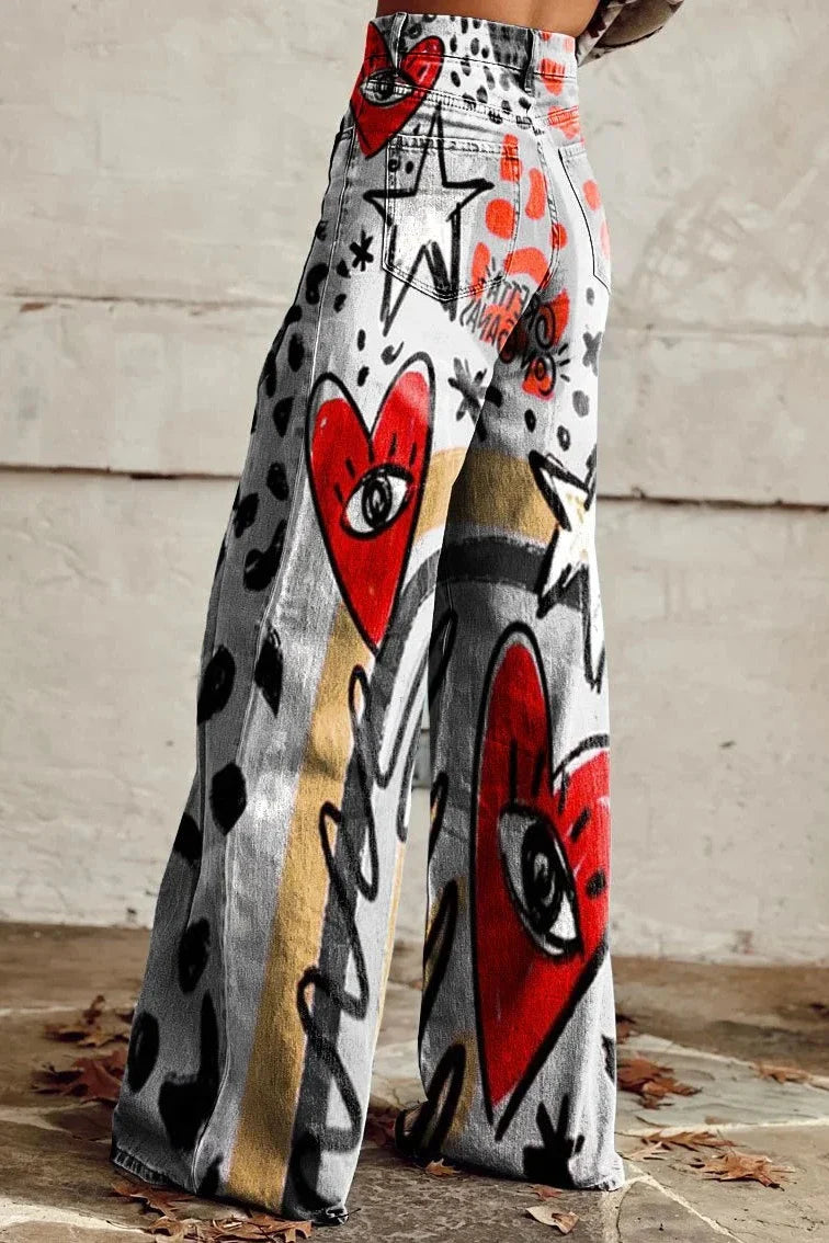 Women's Graffiti Heart Print Casual Wide Leg Pants