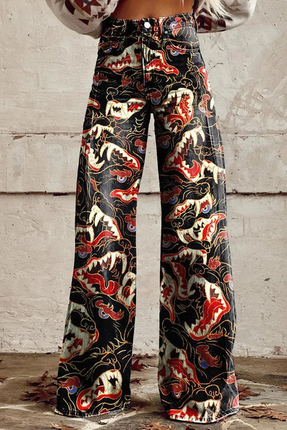 Women's Dragon Flame Print Casual Wide Leg Pants