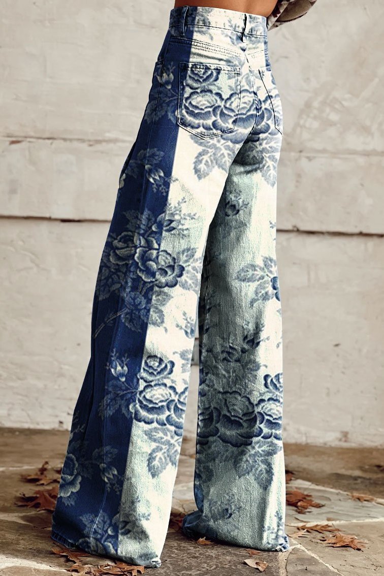 Women's Vintage Bloom Print Casual Wide Leg Pants