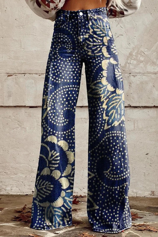 Women's Indigo Floral Print Casual Wide Leg Pants