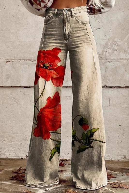 Women's Scarlet Bloom Print Casual Wide Leg Pants