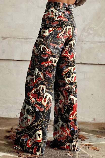 Women's Dragon Flame Print Casual Wide Leg Pants