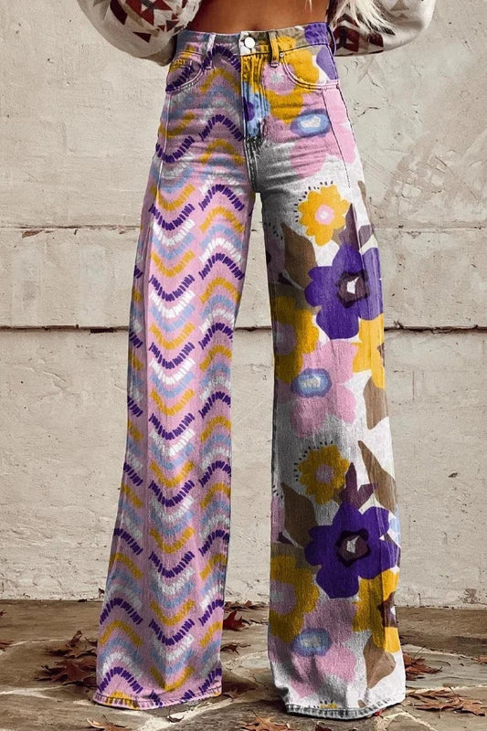 Women's Floral Mix Print Casual Wide Leg Pants