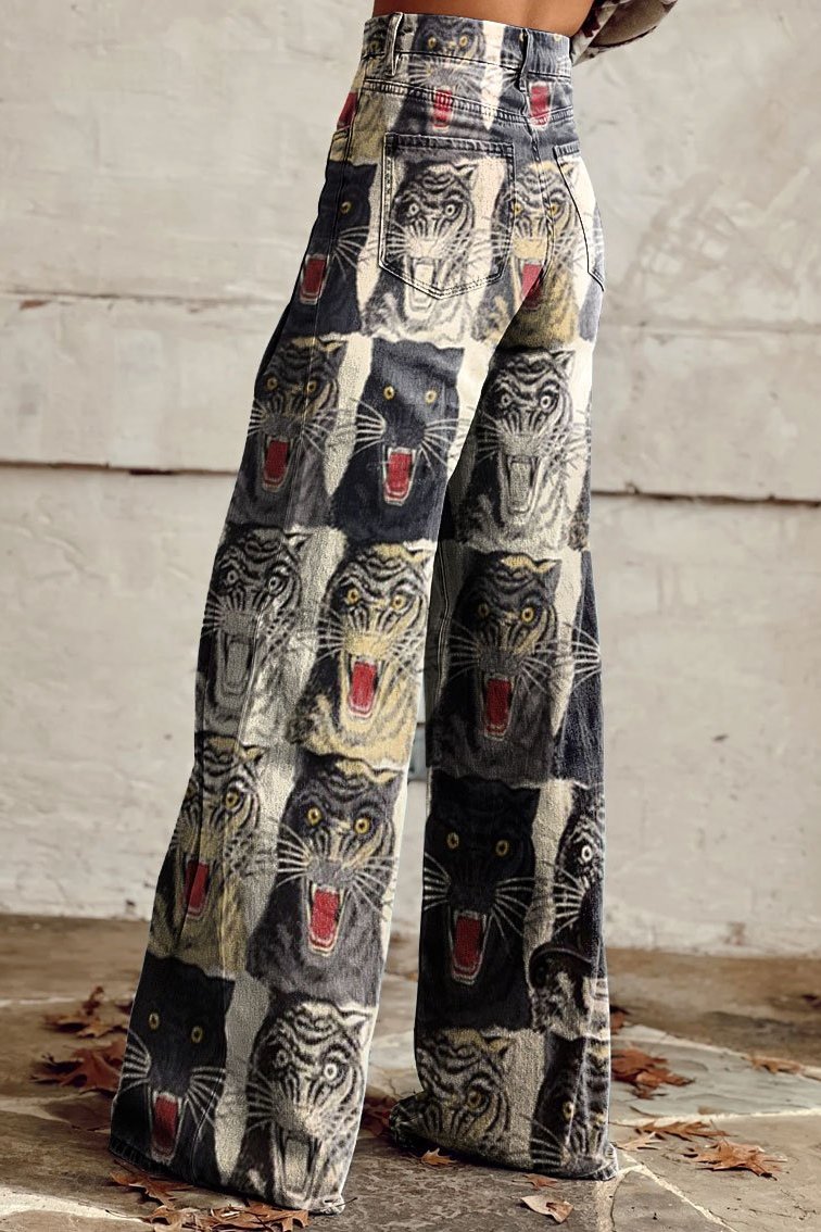 Women's Fierce Feline Print Casual Wide Leg Pants