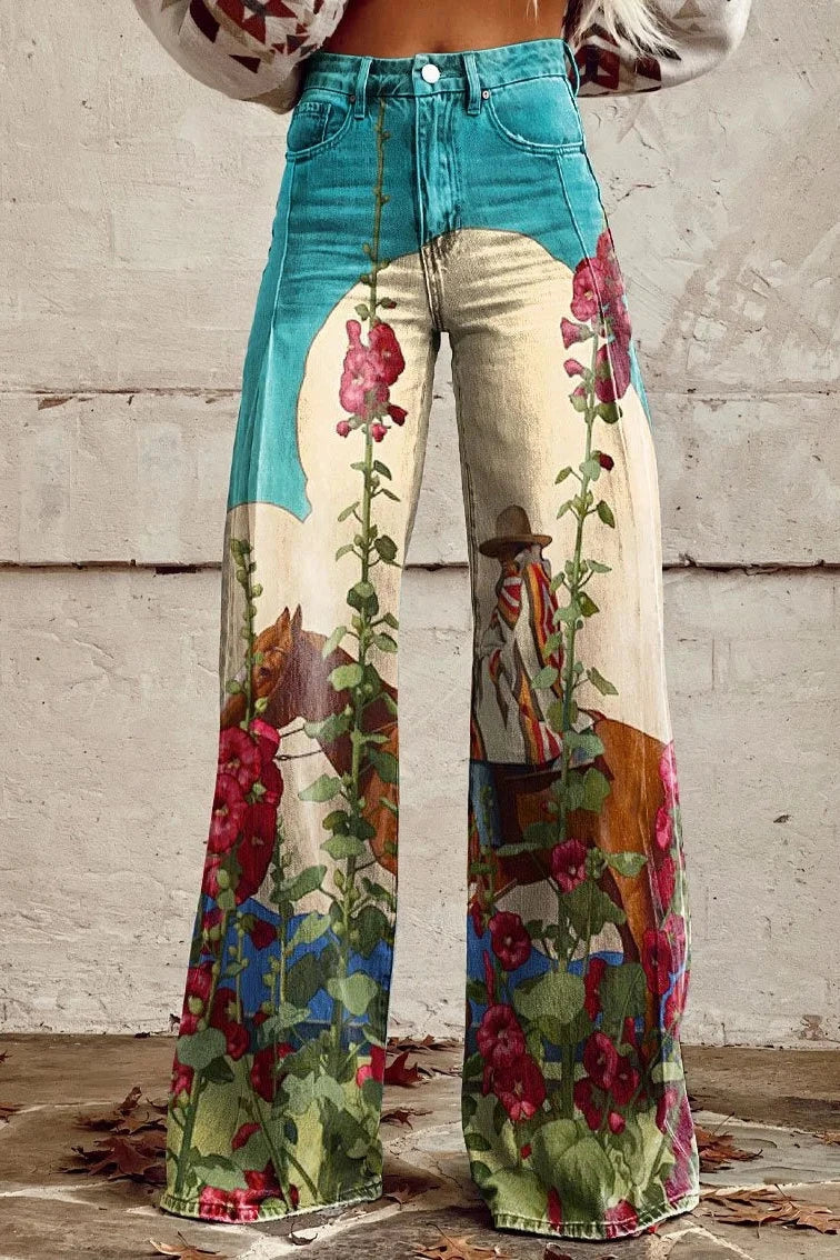 Women's Vintage Wild West Riding Cowboy Print Casual Wide Leg Pants