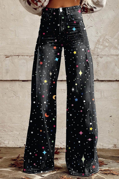 Women's Stars and Moon Print Casual Wide Leg Pants