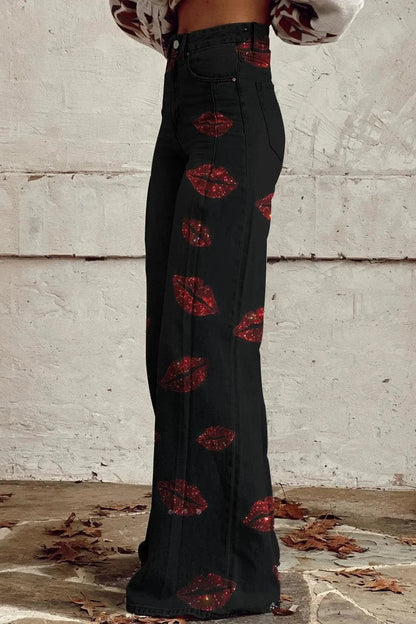 Women's Lip Kiss Print Casual Wide Leg Pants