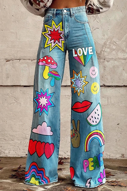 Women's Retro Love & Peace Print Casual Wide Leg Pants