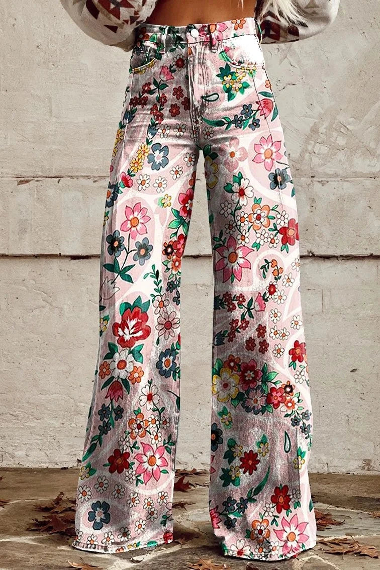 Women's Floral Tapestry Print Casual Wide Leg Pants