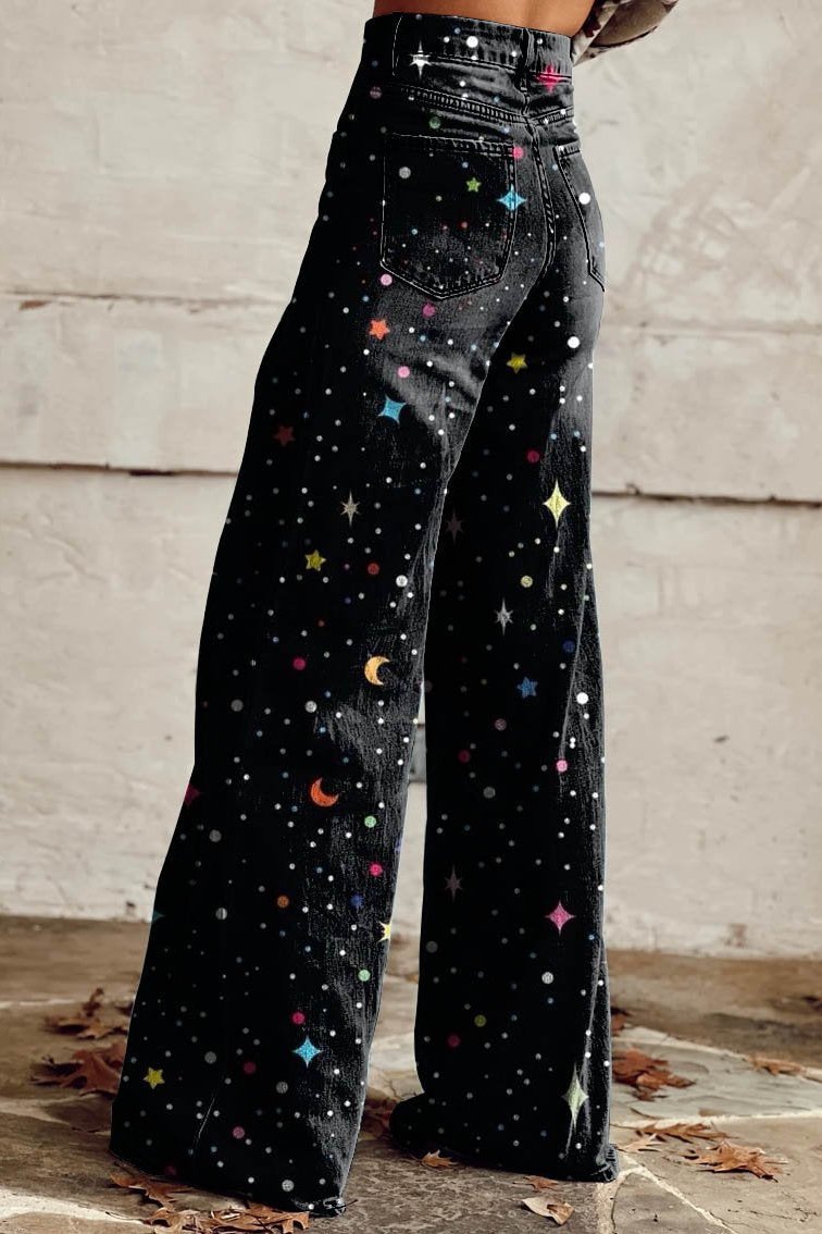 Women's Stars and Moon Print Casual Wide Leg Pants