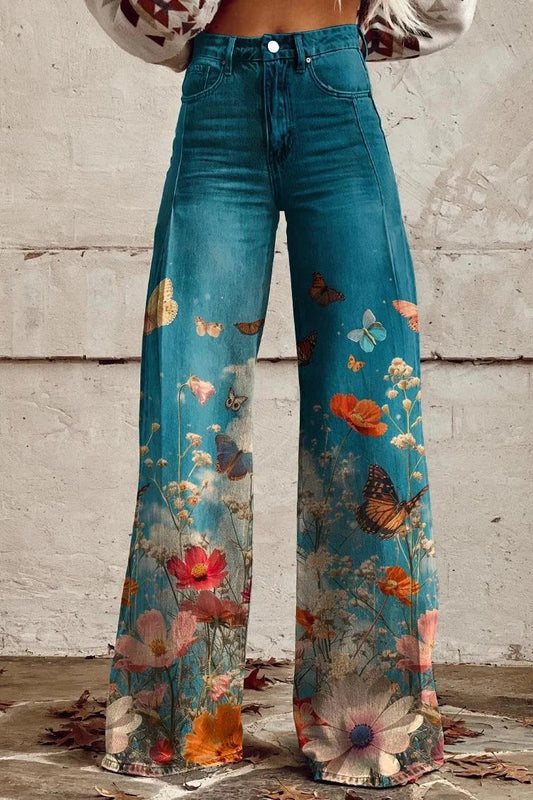 Women's Butterfly Meadow Print Casual Wide Leg Pants