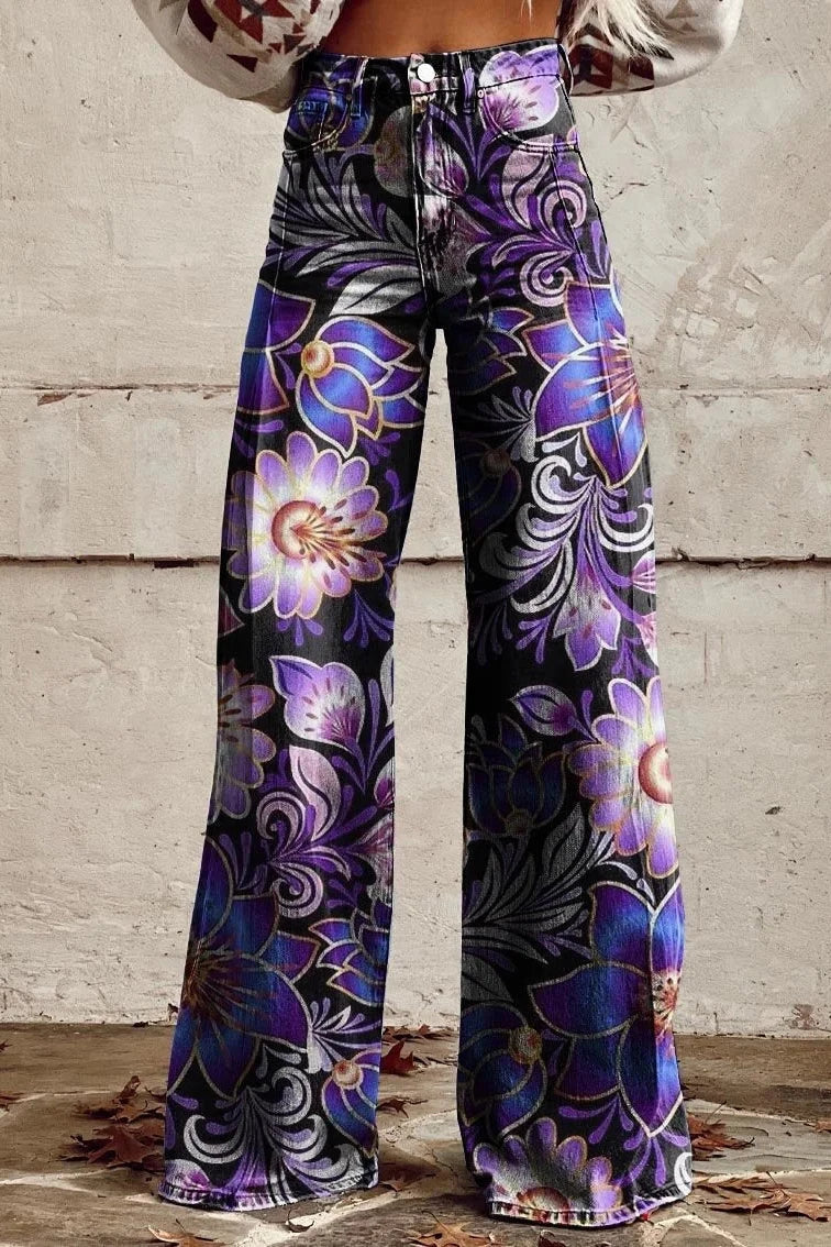 Women's Orchid Purple Print Casual Wide Leg Pants