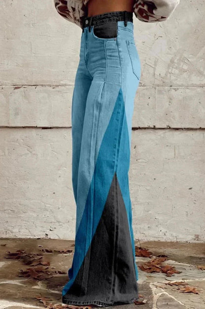 Women's Colourblock Wave Print Casual Wide Leg Pants