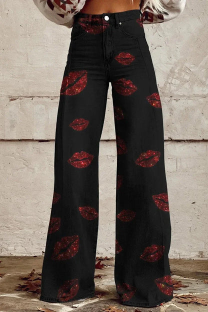 Women's Lip Kiss Print Casual Wide Leg Pants